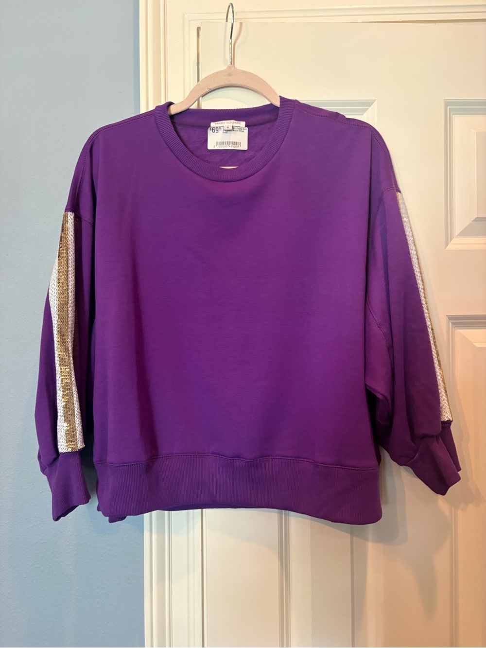 Purple Crewneck Sweatshirt with Gold Sequin Sleeve Stripes